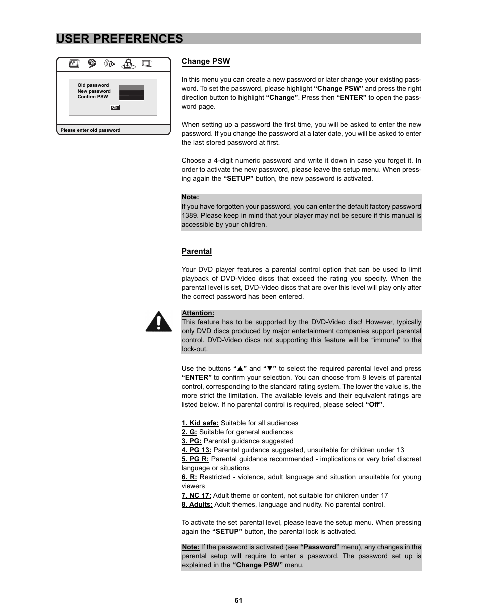 User preferences | CyberHome Entertainment CH-DVD 635S User Manual | Page 60 / 69