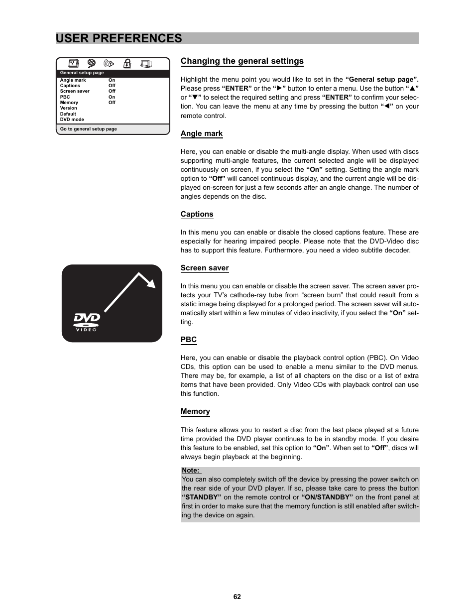 User preferences, Changing the general settings | CyberHome Entertainment CH-DVD 635S User Manual | Page 61 / 69