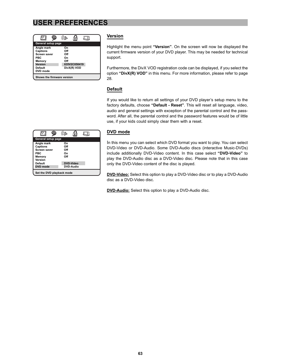 User preferences, Version, Default | Dvd mode i | CyberHome Entertainment CH-DVD 635S User Manual | Page 62 / 69