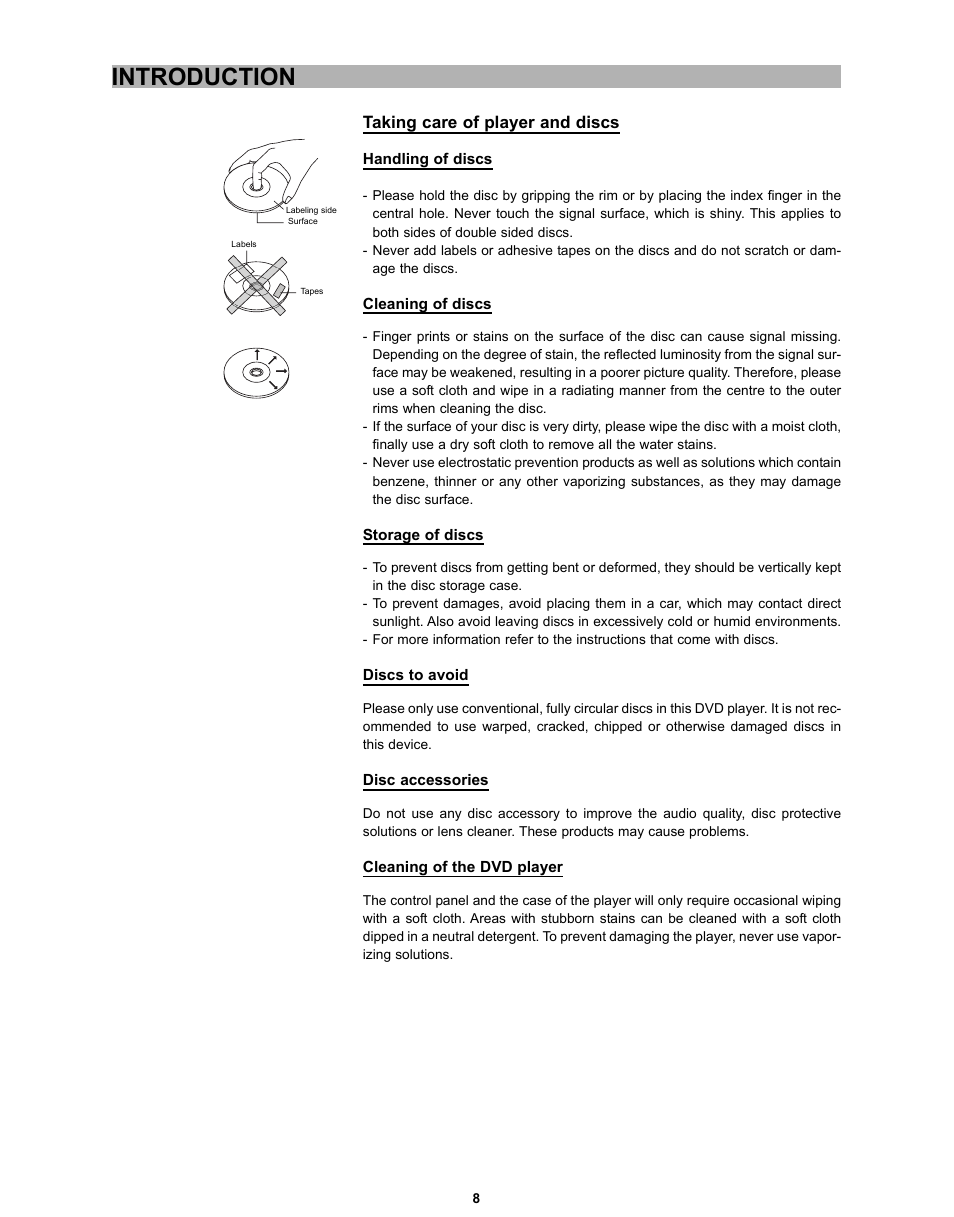 Introduction, Taking care of player and discs | CyberHome Entertainment CH-DVD 635S User Manual | Page 7 / 69