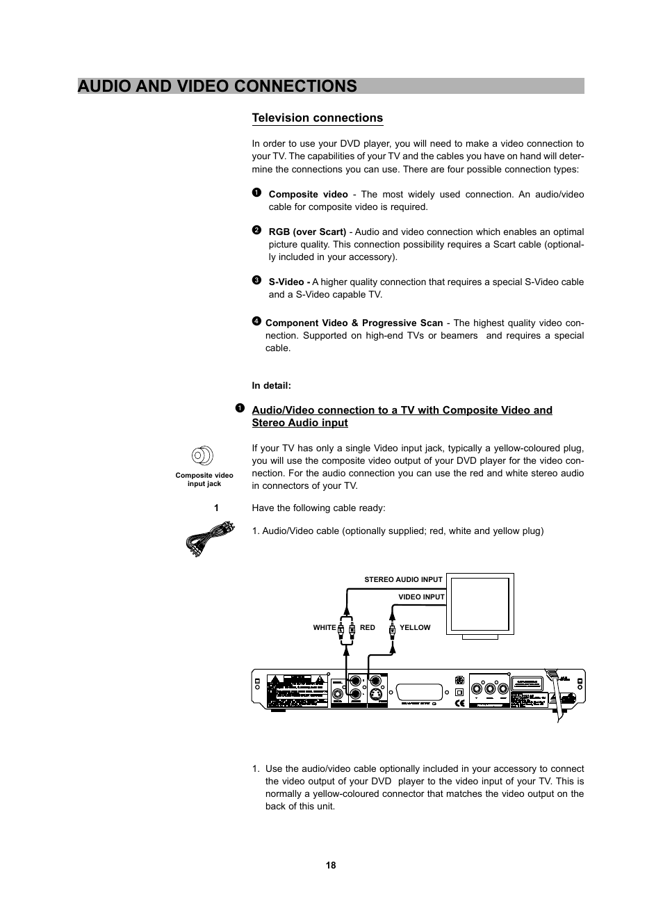 Audio and video connections, Television connections | CyberHome Entertainment CH-DVD 452 User Manual | Page 17 / 52