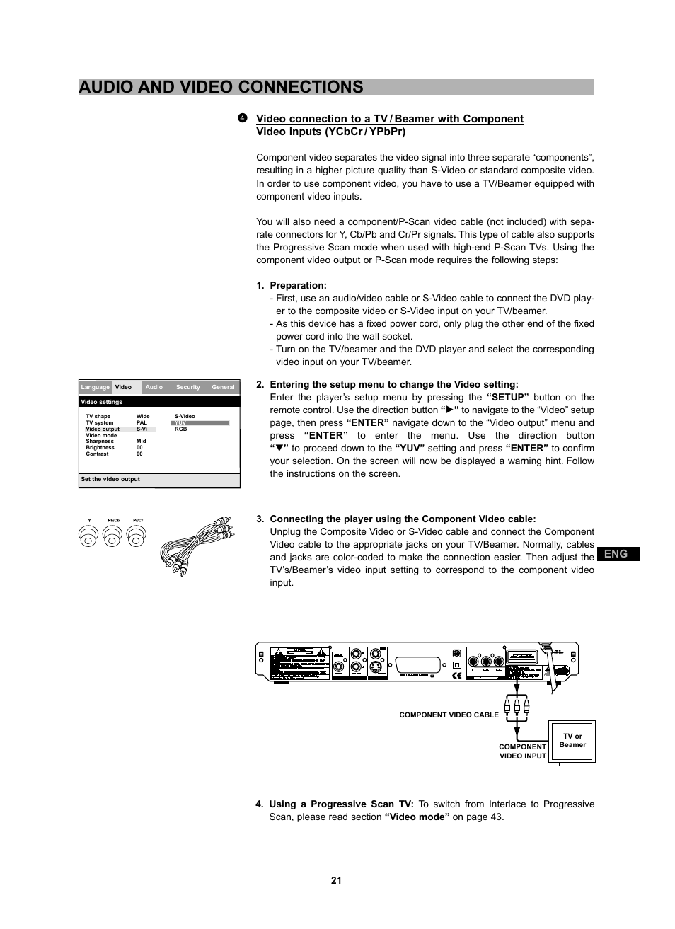 Audio and video connections | CyberHome Entertainment CH-DVD 452 User Manual | Page 20 / 52