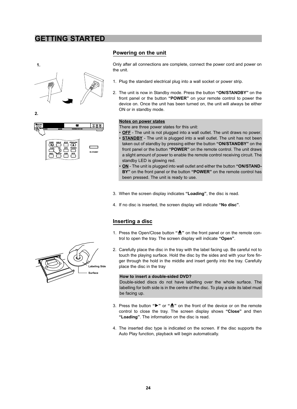 Getting started, Powering on the unit, Inserting a disc | CyberHome Entertainment CH-DVD 452 User Manual | Page 23 / 52