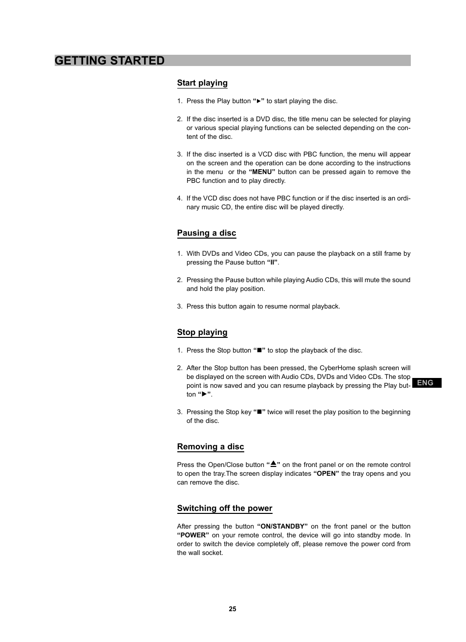 Getting started | CyberHome Entertainment CH-DVD 452 User Manual | Page 24 / 52