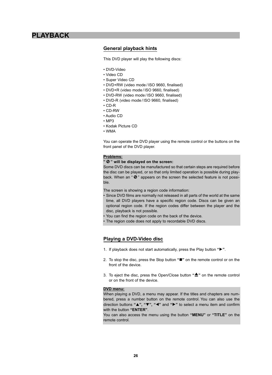 Playback | CyberHome Entertainment CH-DVD 452 User Manual | Page 25 / 52