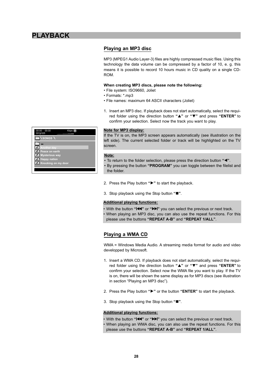 Playback, Playing an mp3 disc, Playing a wma cd | CyberHome Entertainment CH-DVD 452 User Manual | Page 27 / 52