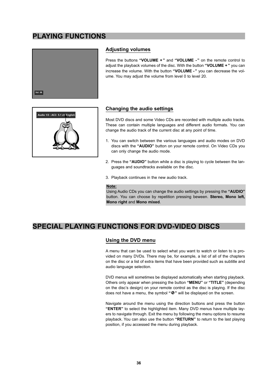 Playing functions, Special playing functions for dvd-video discs | CyberHome Entertainment CH-DVD 452 User Manual | Page 35 / 52
