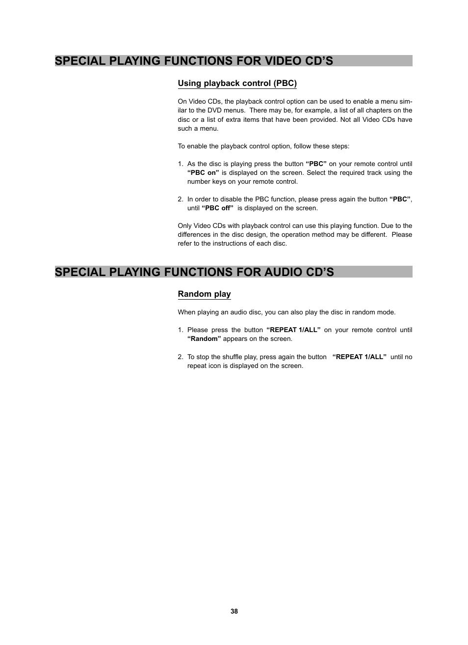 Special playing functions for video cd’s, Special playing functions for audio cd’s | CyberHome Entertainment CH-DVD 452 User Manual | Page 37 / 52