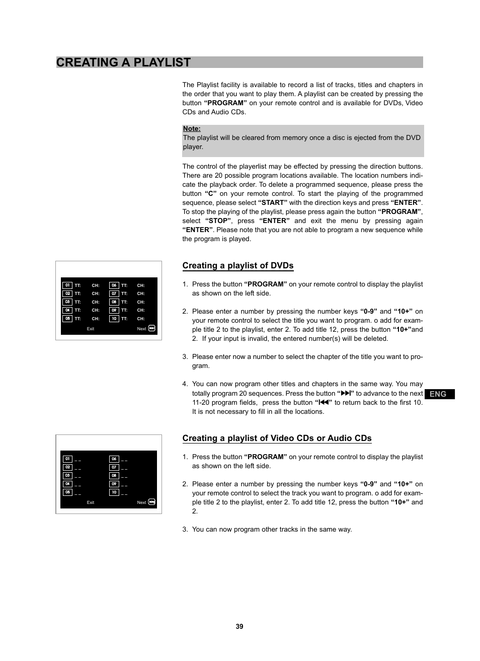 Creating a playlist, Creating a playlist of dvds, Creating a playlist of video cds or audio cds | CyberHome Entertainment CH-DVD 452 User Manual | Page 38 / 52
