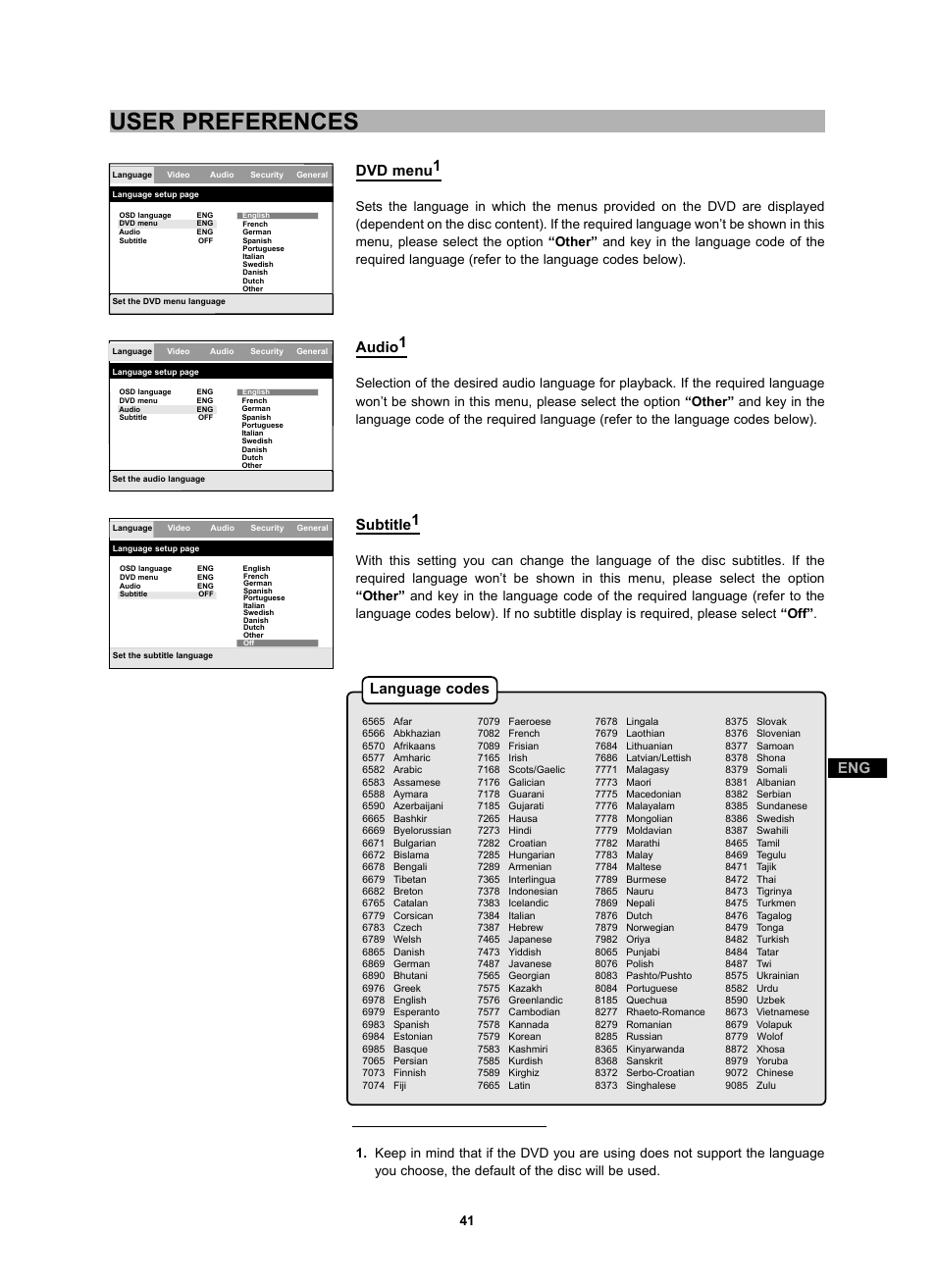 User preferences, Eng dvd menu1, Audio1 | Subtitle1, Language codes | CyberHome Entertainment CH-DVD 452 User Manual | Page 40 / 52