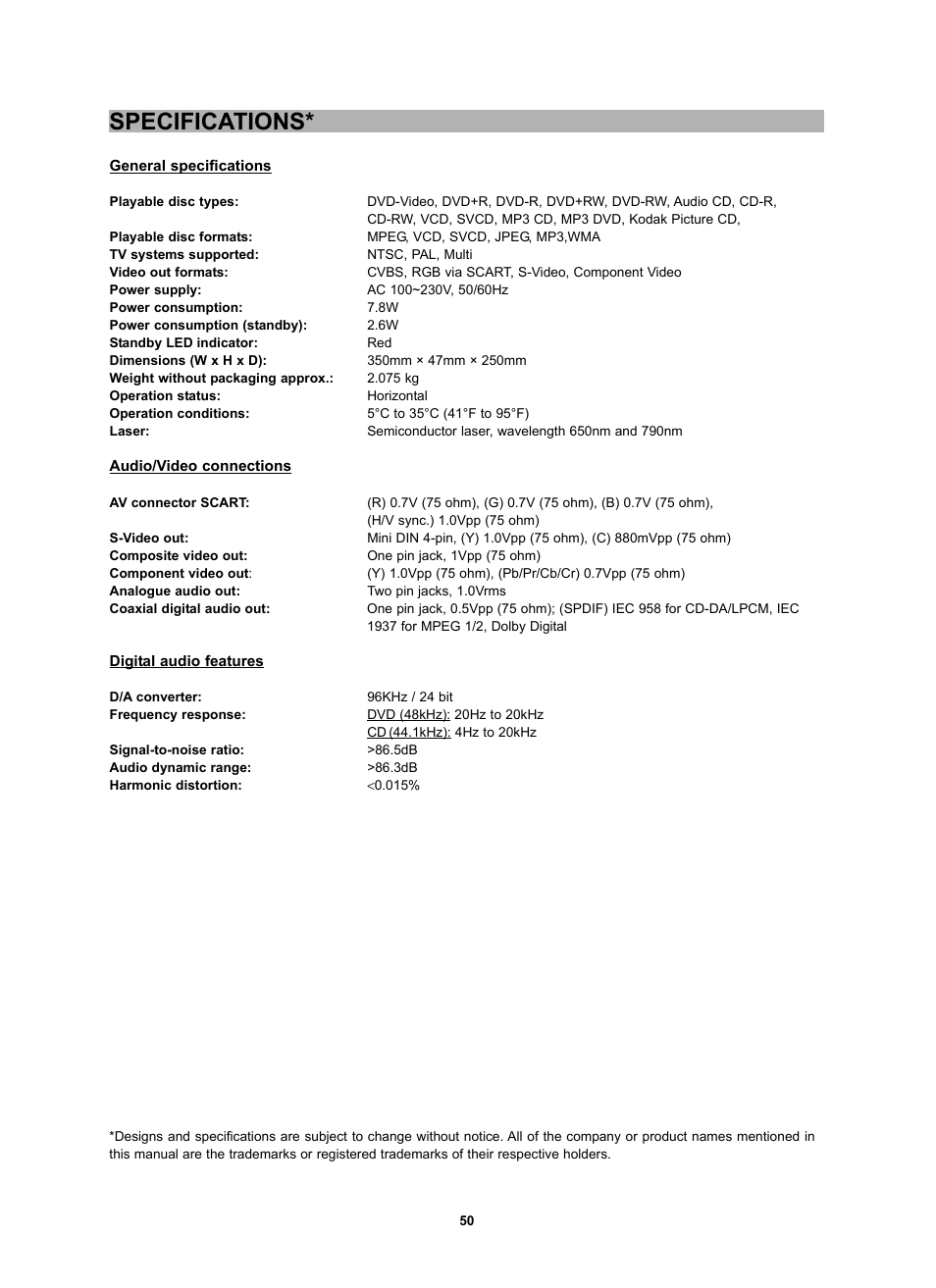 Specifications | CyberHome Entertainment CH-DVD 452 User Manual | Page 49 / 52