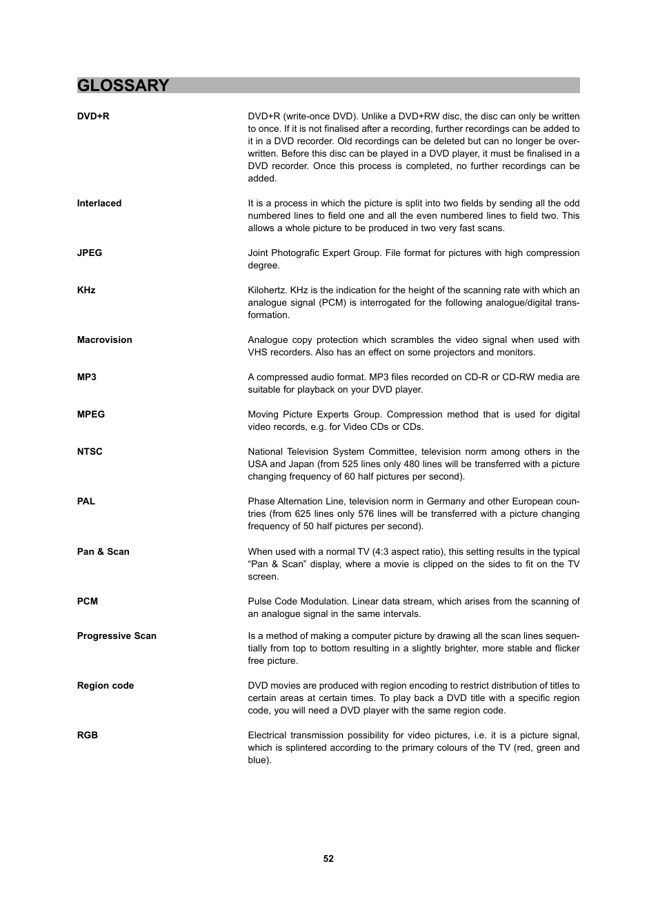 Glossary | CyberHome Entertainment CH-DVD 452 User Manual | Page 51 / 52