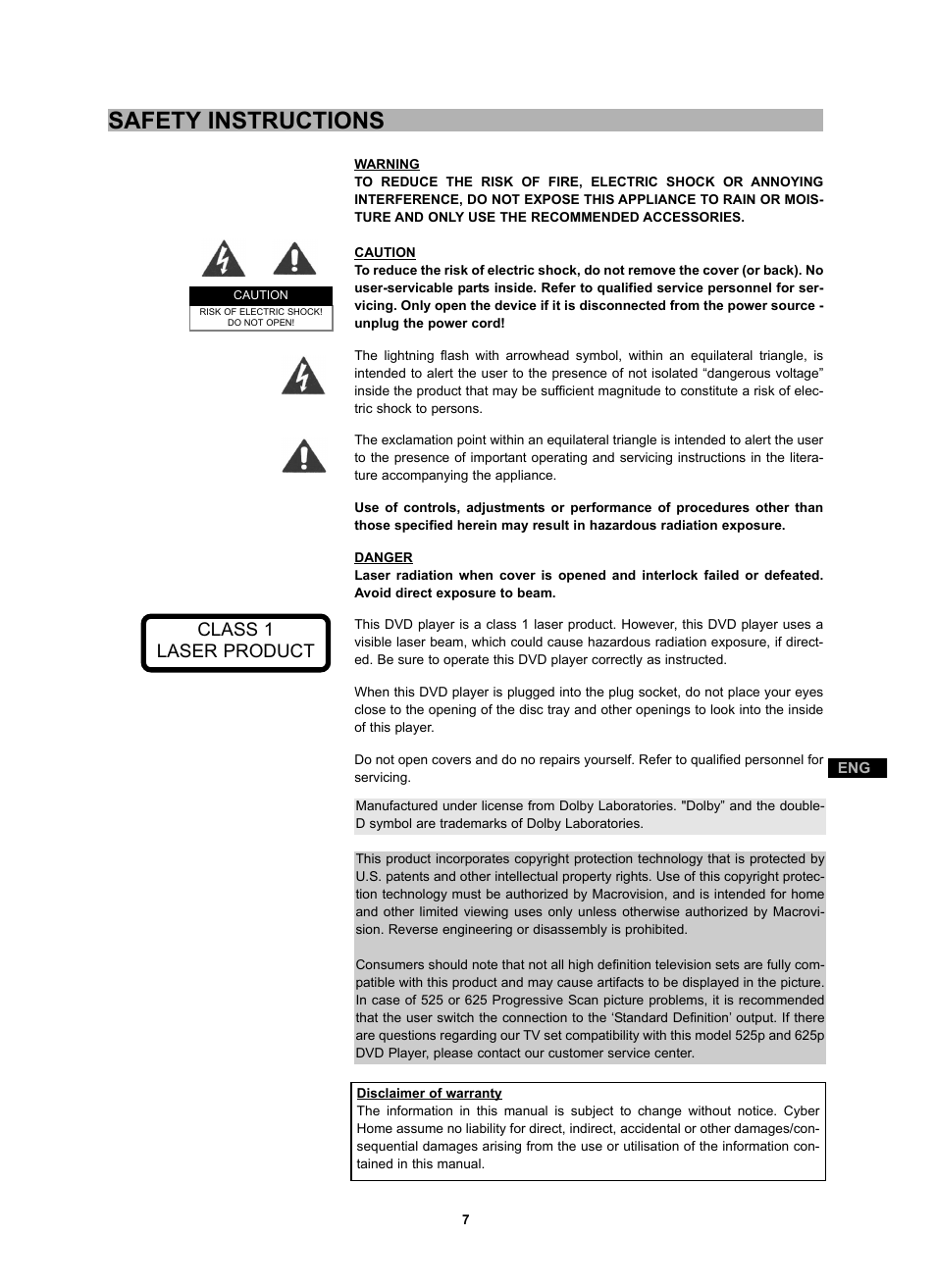 Safety instructions, Class 1 laser product | CyberHome Entertainment CH-DVD 452 User Manual | Page 6 / 52