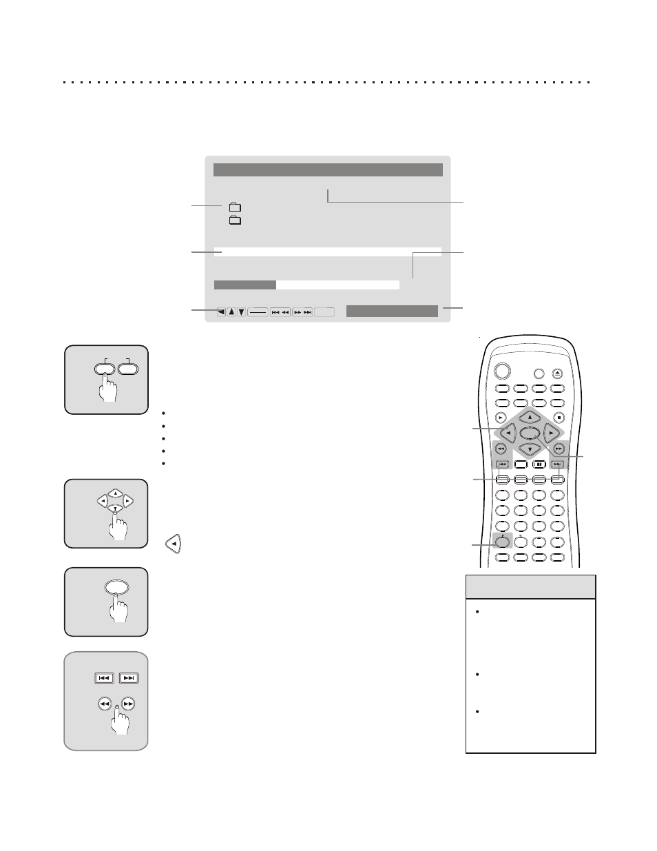 Playing mp3 files with the mp3 navigator, Quick tips, Select the repeat mode with repeat - 1/all | Elapsed / total time, Current track, Repeat mode, Navigate to a file or folder, Press enter to play, Button list, Current folder | CyberHome Entertainment CH-RDV 2000 User Manual | Page 25 / 46