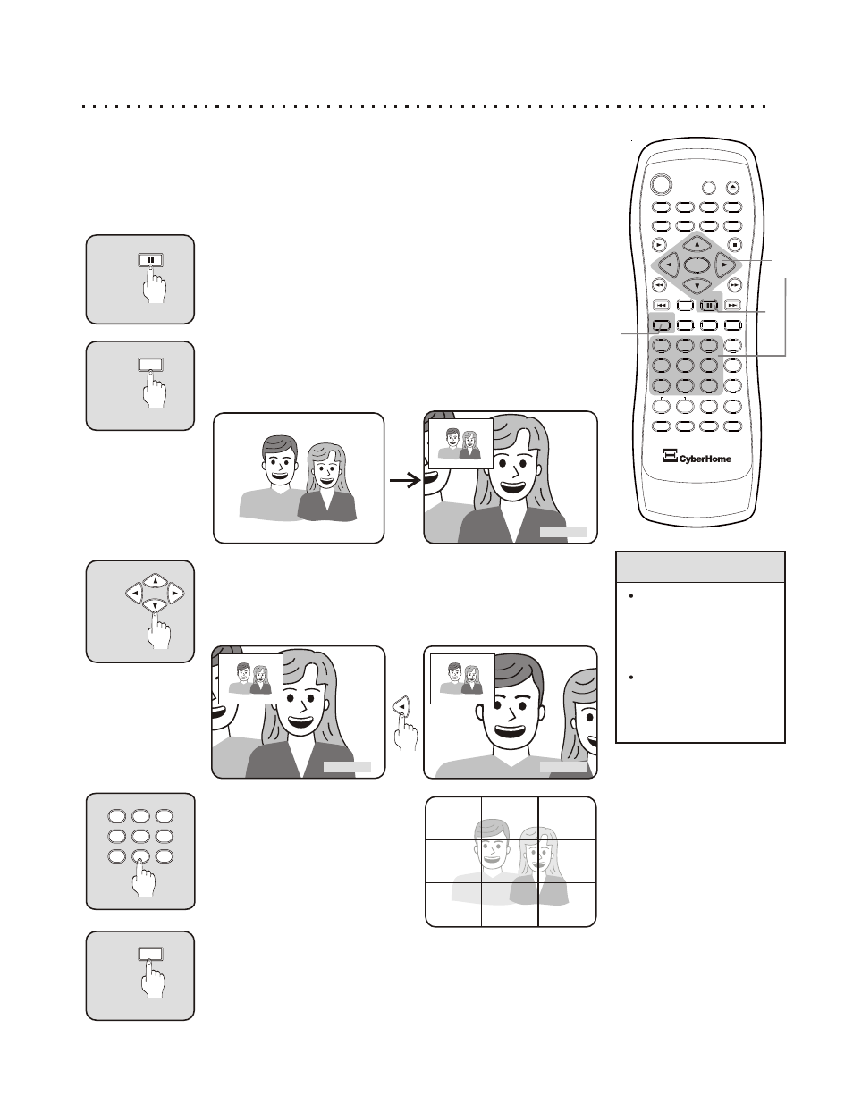 Using the zoom function, Quick tips, Select the zoom button | Pause disc playback (optional), Navigate with the arrow or number keys, Return to normal viewing | CyberHome Entertainment CH-RDV 2000 User Manual | Page 27 / 46
