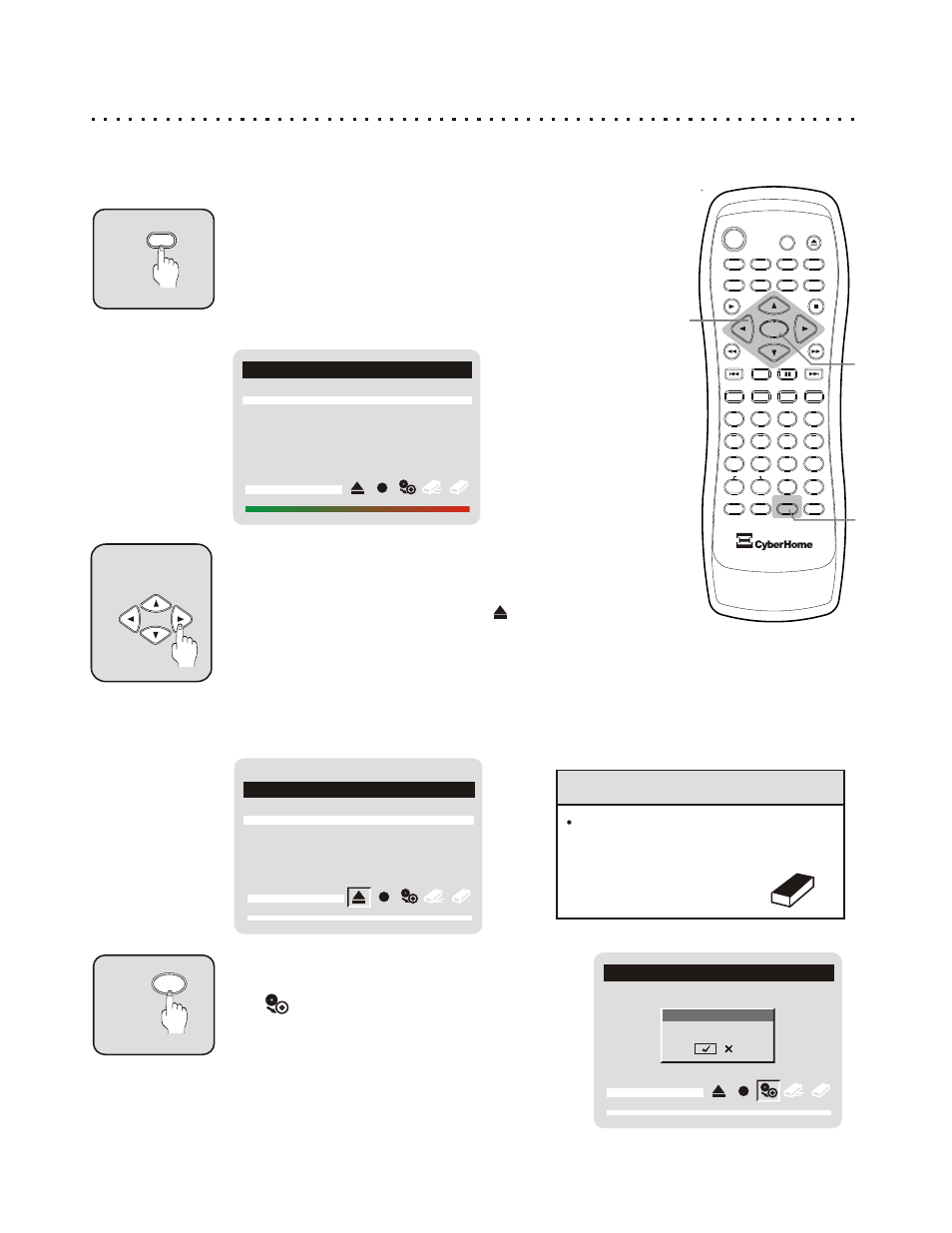 Duplicating a disc with disc copy, Quick tips, Make a copy of a cd-rom, audio cd, mp3 or jpg disc | Enter the burner interface with the burner button, Navigate to the open / close icon, Start the disc copy | CyberHome Entertainment CH-RDV 2000 User Manual | Page 32 / 46
