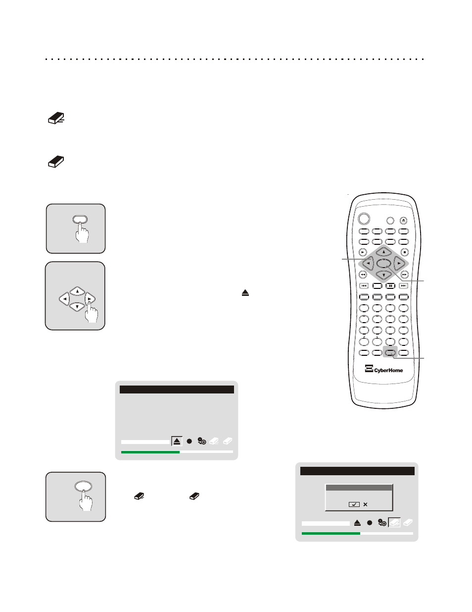 Erasing a cd-rw disc, Enter the burner interface with the burner button, Navigate to the open / close icon | Start the erase operation, Quick erase, Full erase | CyberHome Entertainment CH-RDV 2000 User Manual | Page 35 / 46