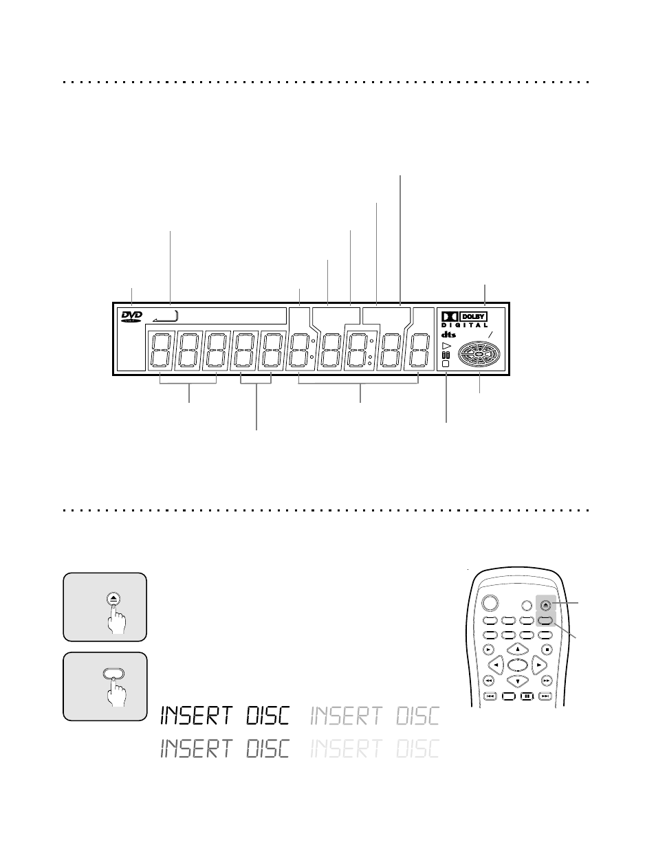 Dvd display functions, Dimming the front vfd display, Adjusting the brightness of the front display | Eject the current disc, Press the display button | CyberHome Entertainment Cyber Home CH-DVD500 User Manual | Page 10 / 38