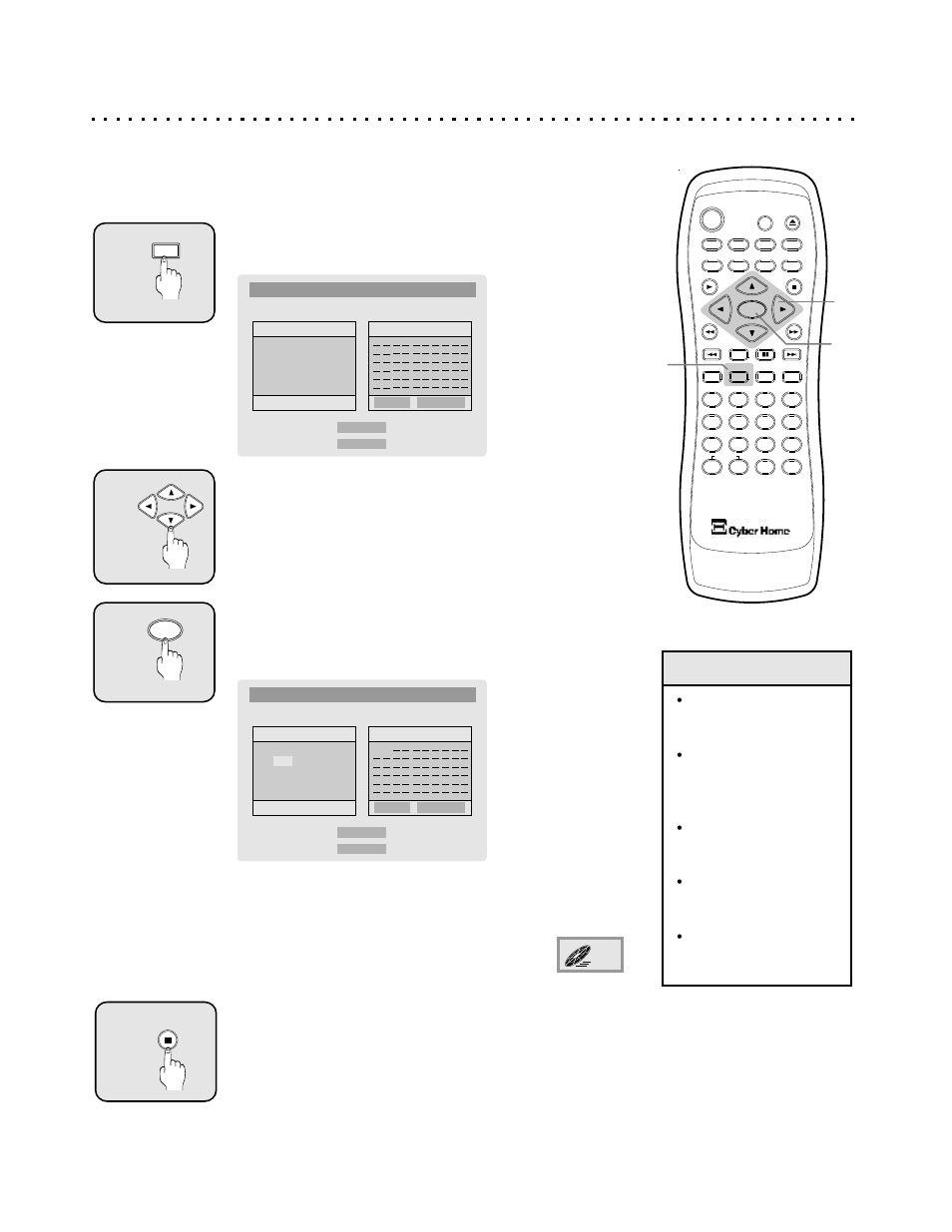 Quick tips, Create custom playback programs of up to 30 steps, Select the program button during playback | Navigate with the arrow buttons, Add a track to the program list with enter | CyberHome Entertainment Cyber Home CH-DVD500 User Manual | Page 23 / 38