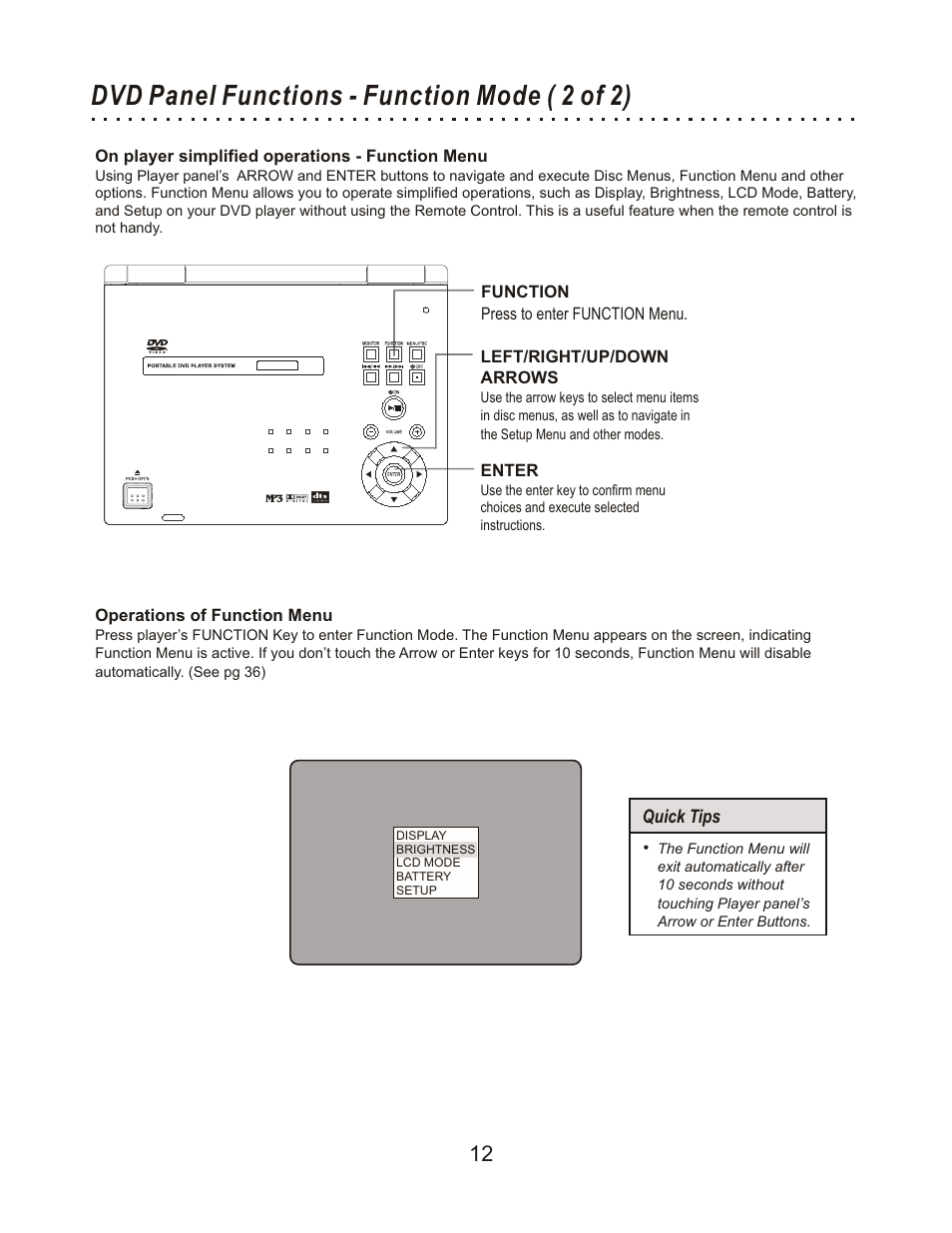 Dvd panel functions - function mode ( 2 of 2) | CyberHome Entertainment Cyber Home CHLDV712 User Manual | Page 13 / 49