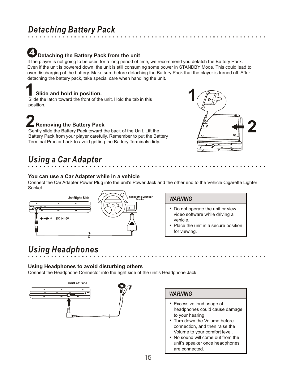 Detaching battery pack, Using a car adapter, Using headphones | CyberHome Entertainment Cyber Home CHLDV712 User Manual | Page 16 / 49