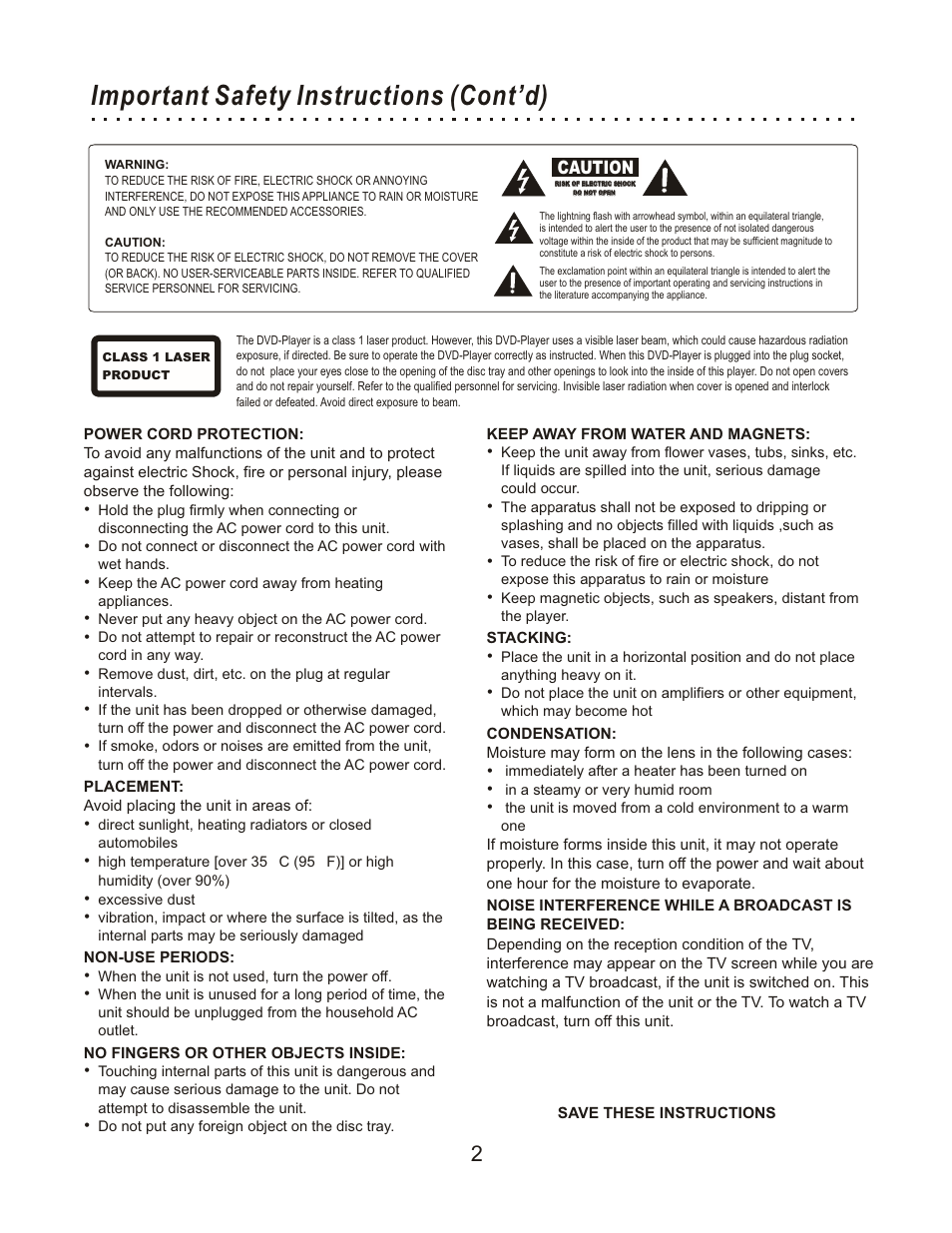 Important safety instructions (cont’d), Caution | CyberHome Entertainment Cyber Home CHLDV712 User Manual | Page 3 / 49