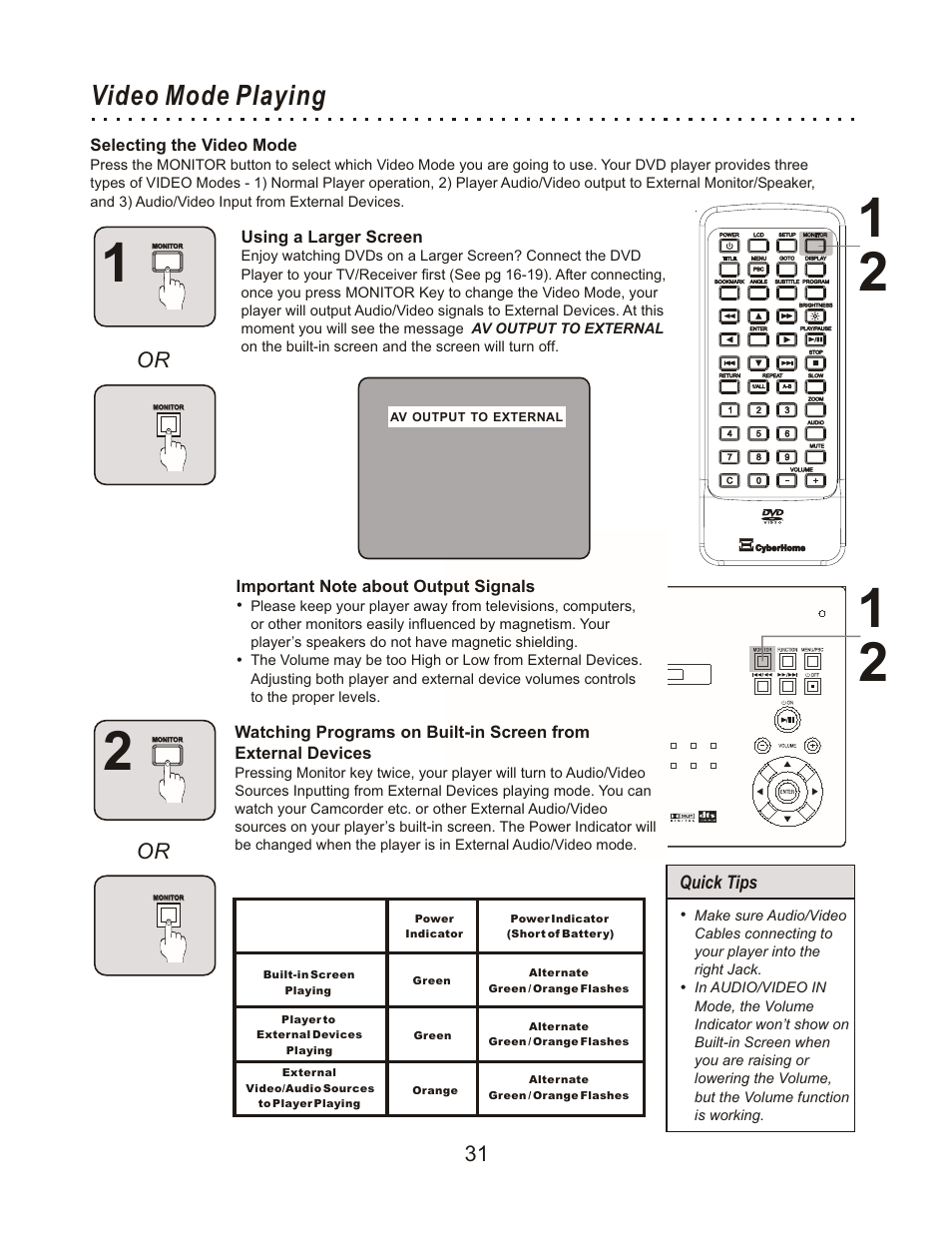 Video mode playing, 31 or | CyberHome Entertainment Cyber Home CHLDV712 User Manual | Page 32 / 49