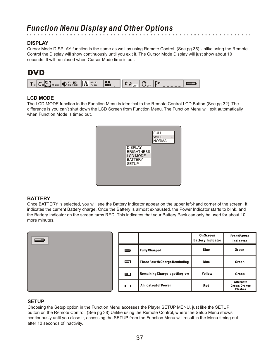 Function menu display and other options, Display, Battery | Setup, Lcd mode | CyberHome Entertainment Cyber Home CHLDV712 User Manual | Page 38 / 49