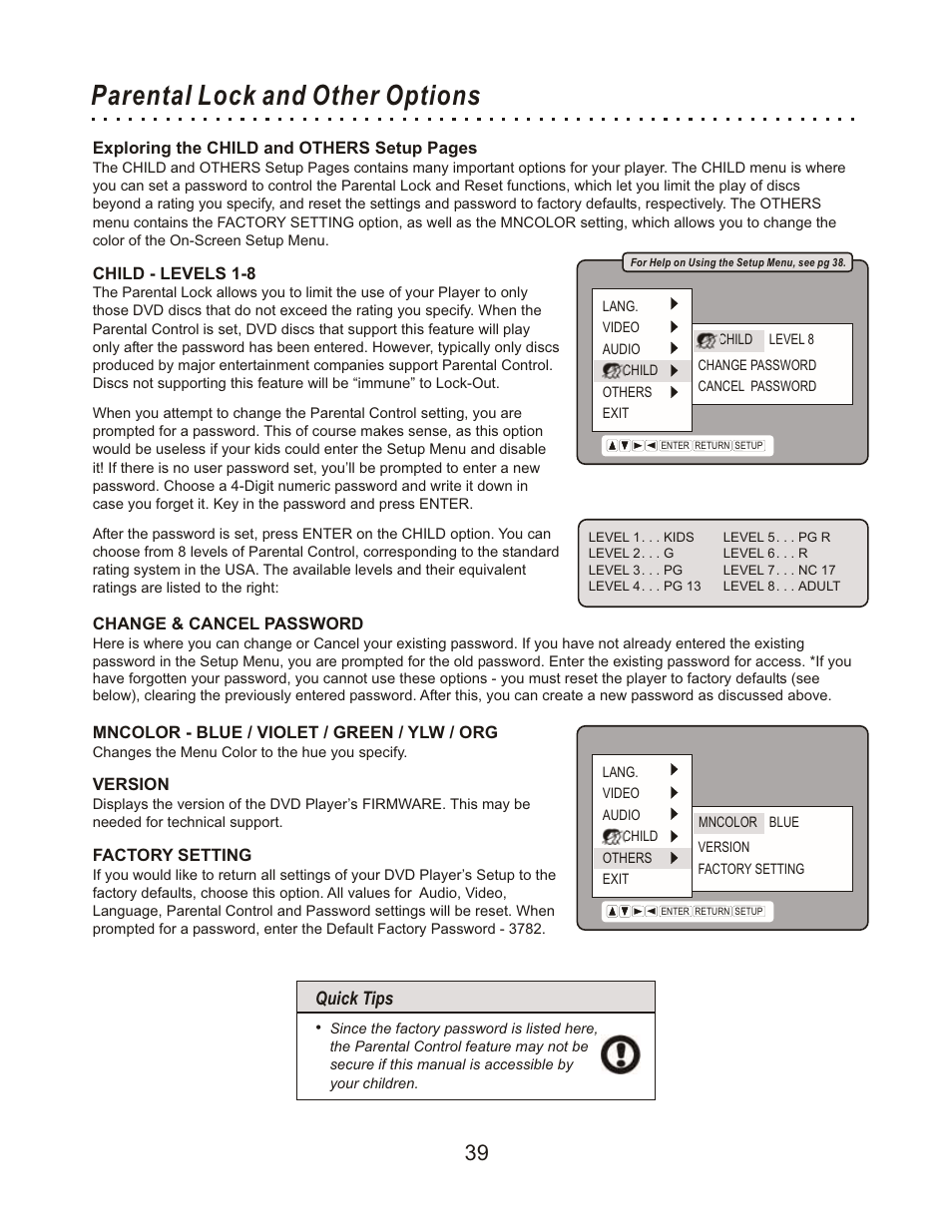 Parental lock and other options, Quick tips | CyberHome Entertainment Cyber Home CHLDV712 User Manual | Page 40 / 49