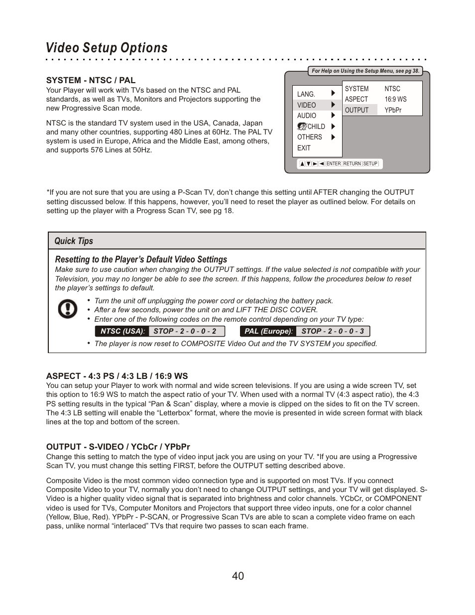 Video setup options | CyberHome Entertainment Cyber Home CHLDV712 User Manual | Page 41 / 49