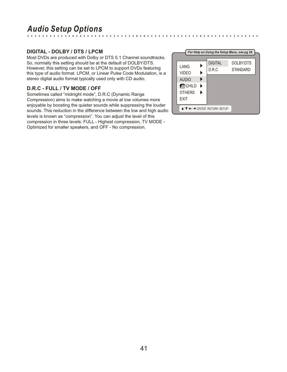 Audio setup options | CyberHome Entertainment Cyber Home CHLDV712 User Manual | Page 42 / 49