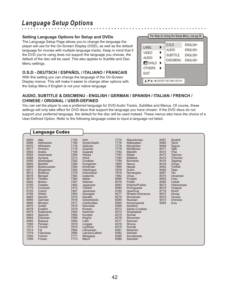 Language setup options, Language codes, Setting language options for setup and dvds | O.s.d - deutsch / español / italiano / francais | CyberHome Entertainment Cyber Home CHLDV712 User Manual | Page 43 / 49