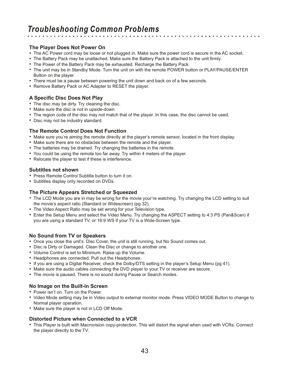 Troubleshooting common problems | CyberHome Entertainment Cyber Home CHLDV712 User Manual | Page 44 / 49