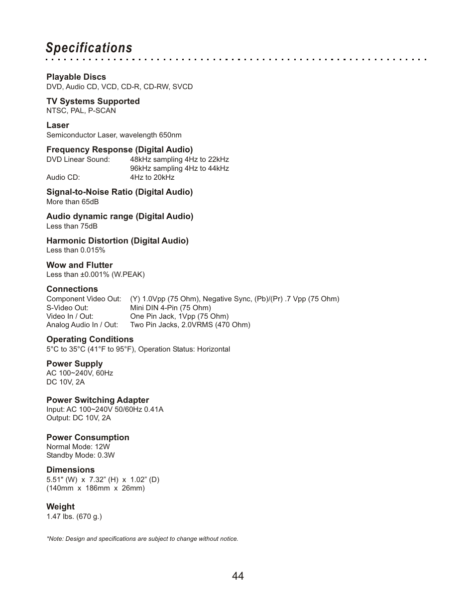Specifications | CyberHome Entertainment Cyber Home CHLDV712 User Manual | Page 45 / 49