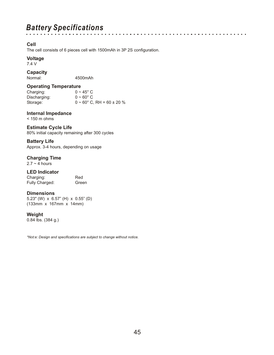 Battery specifications | CyberHome Entertainment Cyber Home CHLDV712 User Manual | Page 46 / 49