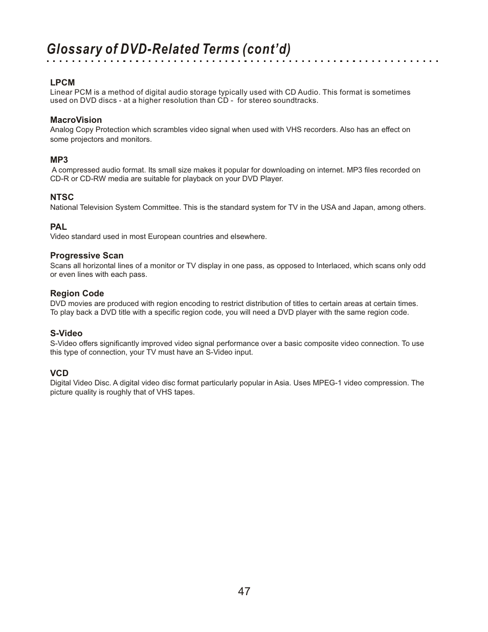 Glossary of dvd-related terms (cont’d) | CyberHome Entertainment Cyber Home CHLDV712 User Manual | Page 48 / 49