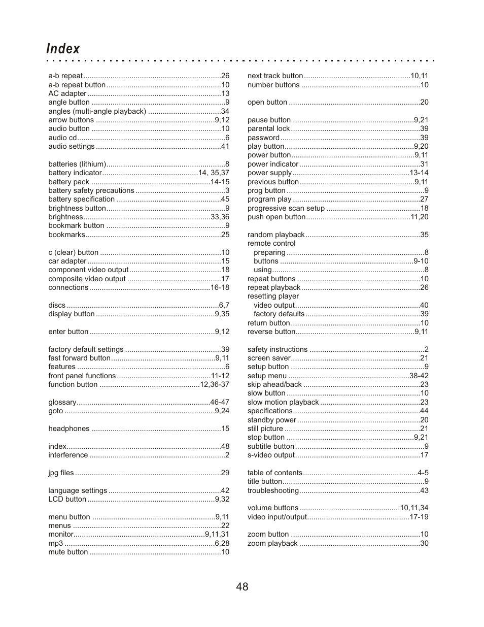 Index | CyberHome Entertainment Cyber Home CHLDV712 User Manual | Page 49 / 49