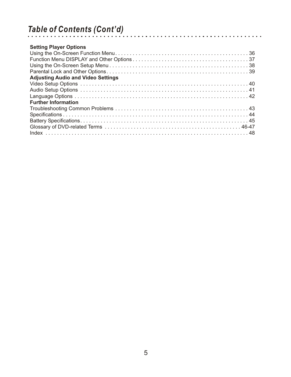 Table of contents (cont’d) | CyberHome Entertainment Cyber Home CHLDV712 User Manual | Page 6 / 49