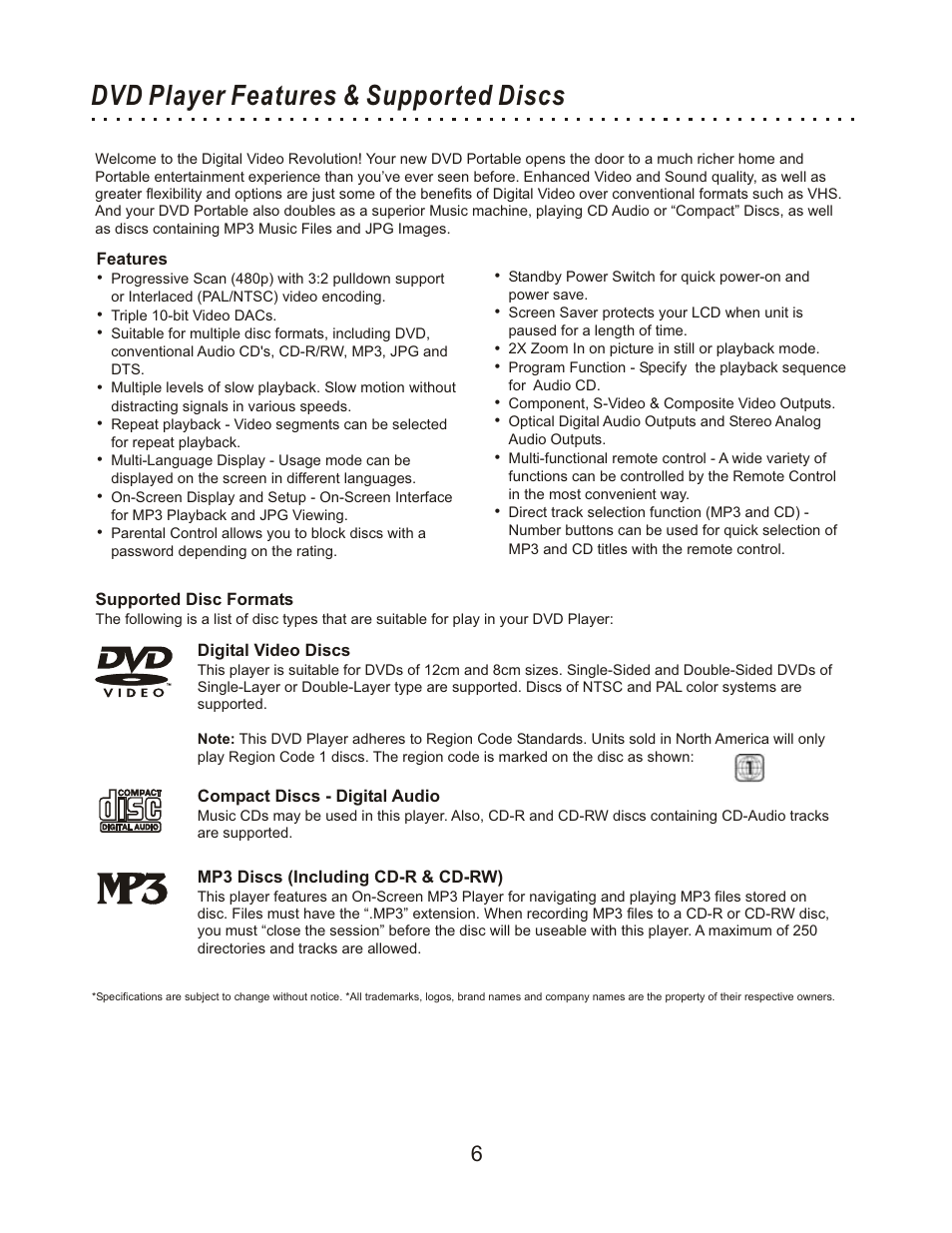 Dvd player features & supported discs | CyberHome Entertainment Cyber Home CHLDV712 User Manual | Page 7 / 49