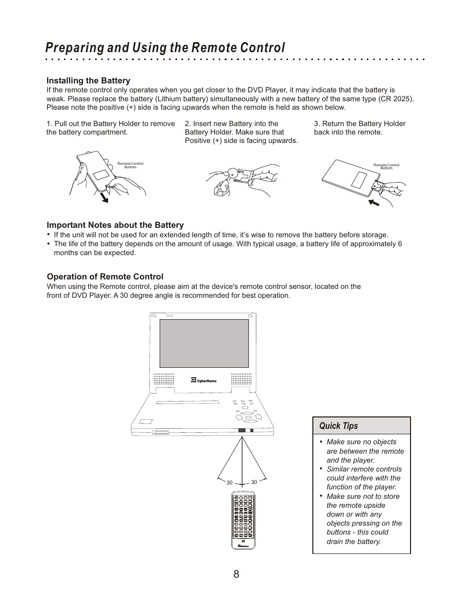 Preparing and using the remote control, Quick tips | CyberHome Entertainment Cyber Home CHLDV712 User Manual | Page 9 / 49
