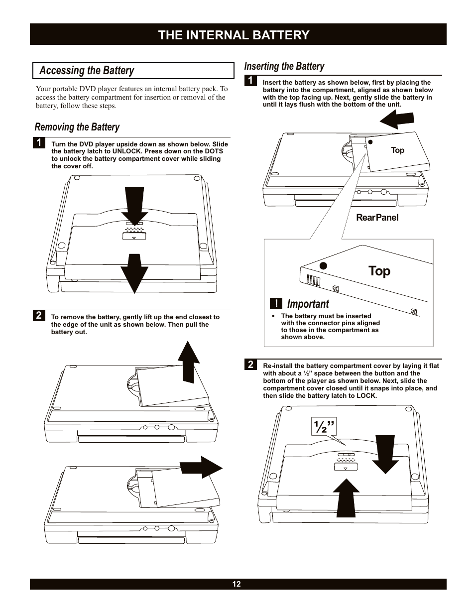 The internal battery, Accessing the battery, Important | CyberHome Entertainment Cyber Home CH-LDV700B User Manual | Page 12 / 35