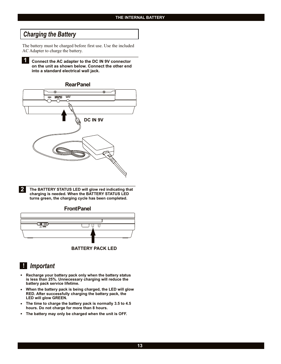 Charging the battery, Important | CyberHome Entertainment Cyber Home CH-LDV700B User Manual | Page 13 / 35