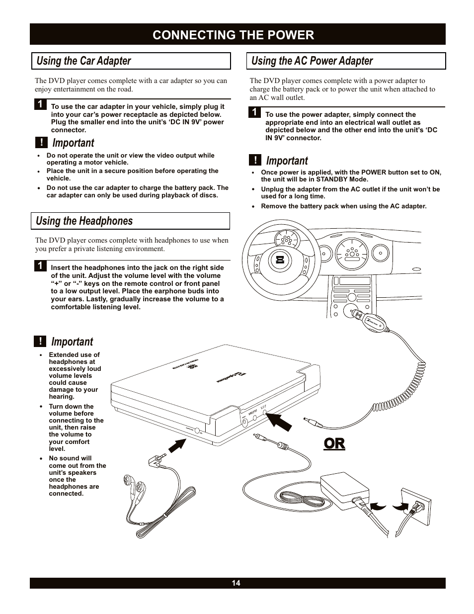 Connecting the power, Using the car adapter, Important using the ac power adapter | Important using the headphones, Important | CyberHome Entertainment Cyber Home CH-LDV700B User Manual | Page 14 / 35