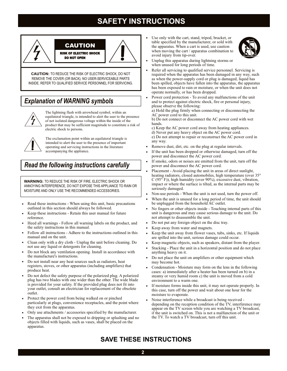 Safety instructions, Save these instructions, Caution | CyberHome Entertainment Cyber Home CH-LDV700B User Manual | Page 2 / 35