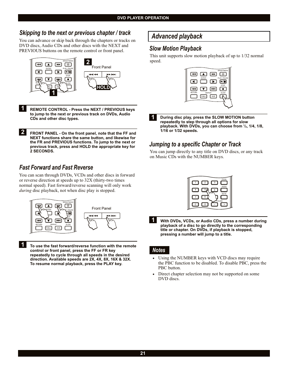 Advanced playback, Skipping to the next or previous chapter / track, Fast forward and fast reverse | Jumping to a specific chapter or track, Slow motion playback, Hold | CyberHome Entertainment Cyber Home CH-LDV700B User Manual | Page 21 / 35