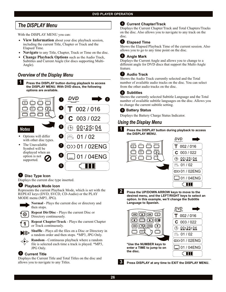 The display menu, Overview of the display menu, Using the display menu | 1dvd dvd, View information, Navigate, Change playback options | CyberHome Entertainment Cyber Home CH-LDV700B User Manual | Page 26 / 35