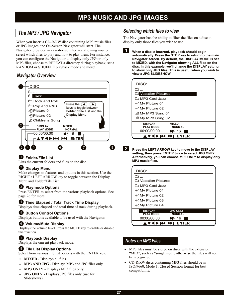 Mp3 music and jpg images, The mp3 / jpg navigator, Navigator overview | Selecting which files to view | CyberHome Entertainment Cyber Home CH-LDV700B User Manual | Page 27 / 35