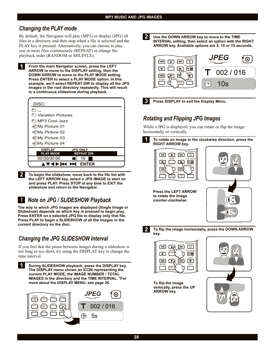 Changing the jpg slideshow interval, Changing the play mode, Jpeg | Rotating and flipping jpg images | CyberHome Entertainment Cyber Home CH-LDV700B User Manual | Page 28 / 35