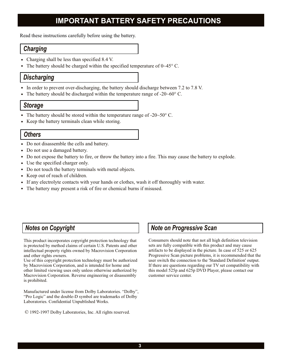 Important battery safety precautions, Charging, Discharging | Storage, Others | CyberHome Entertainment Cyber Home CH-LDV700B User Manual | Page 3 / 35