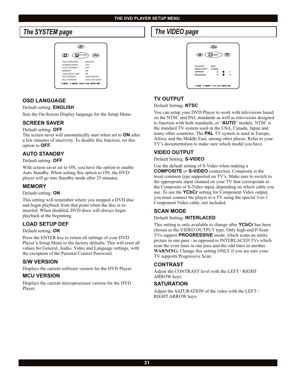 The video page, The system page, Tv output | Video output, Scan mode, Contrast, Saturation, Osd language, Screen saver, Auto standby | CyberHome Entertainment Cyber Home CH-LDV700B User Manual | Page 31 / 35